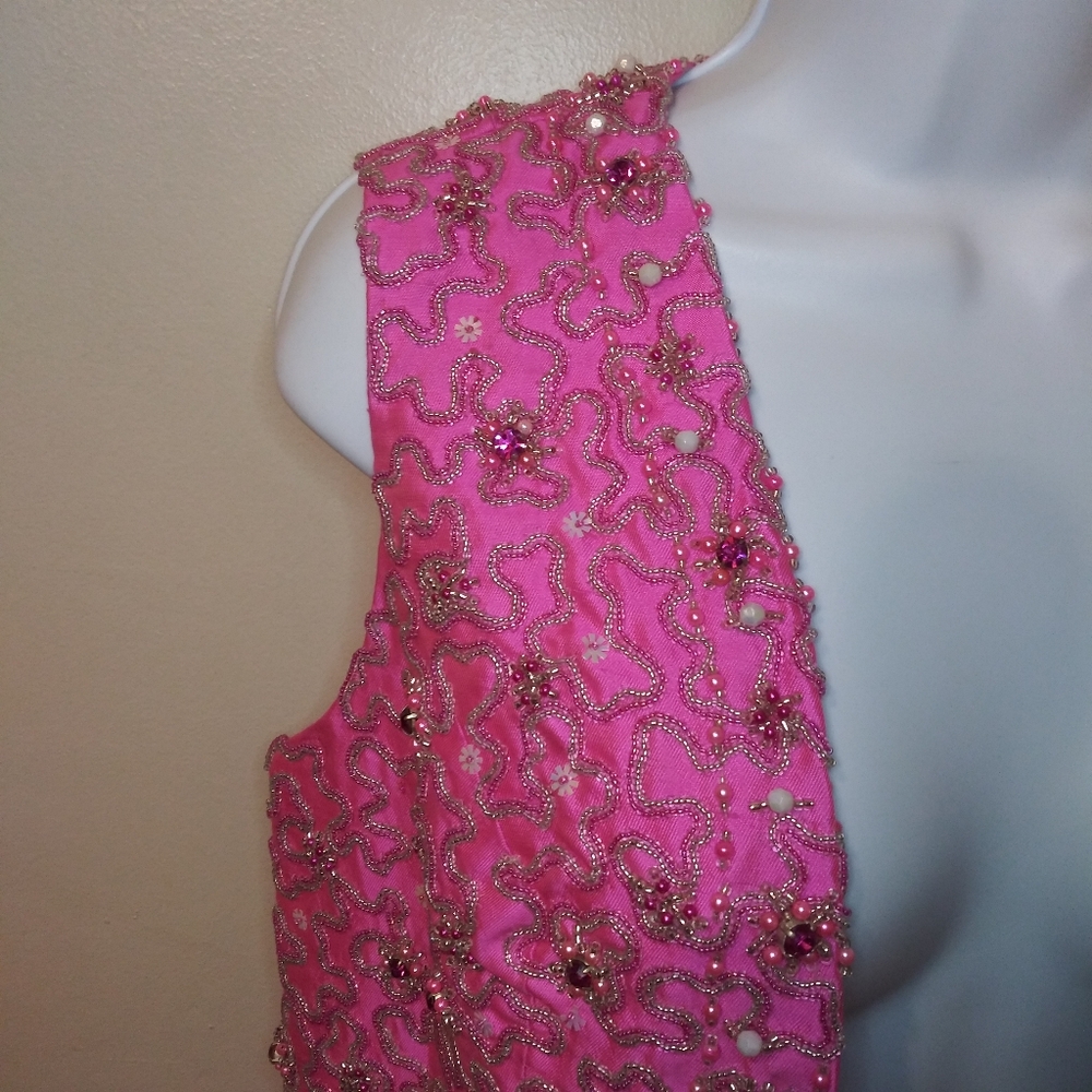 Vintage 1960-70 Barbie Pink Raw Silk Hand Beaded/Jeweled Cocktail, Hostess Vest - Picture 4 of 13